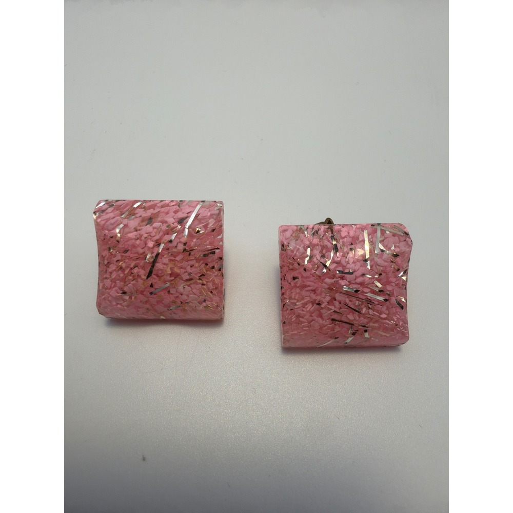 Vintage Pink Confetti Lucite Clip On Earrings Square Silver Tinsel Resin Retro
